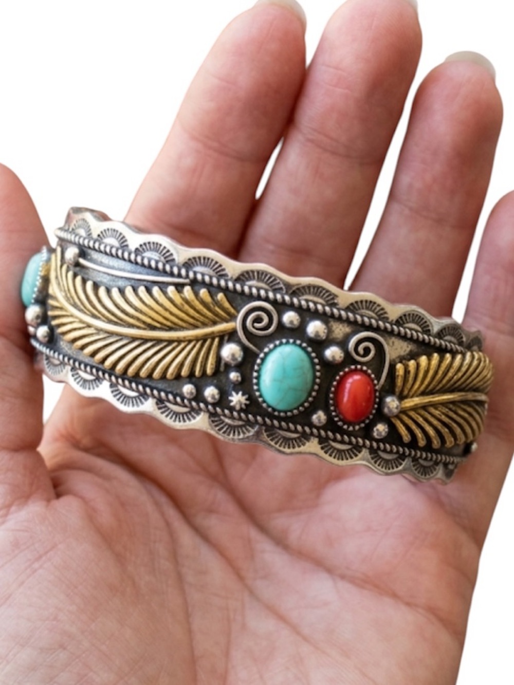 Boho Silver & Gold Feather Cuff Bracelet Turquoise Coral Accents New